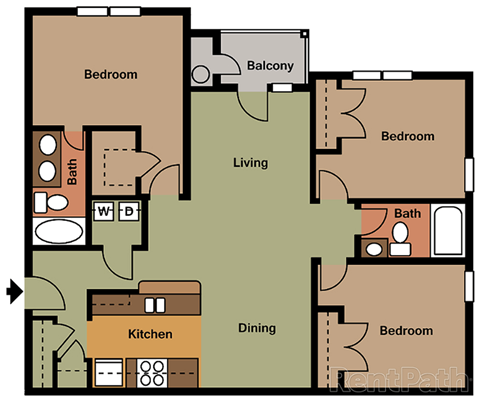 3 bedroom 3 bathroom floor plan at the Haven at Market Street Station Johnson City, TN